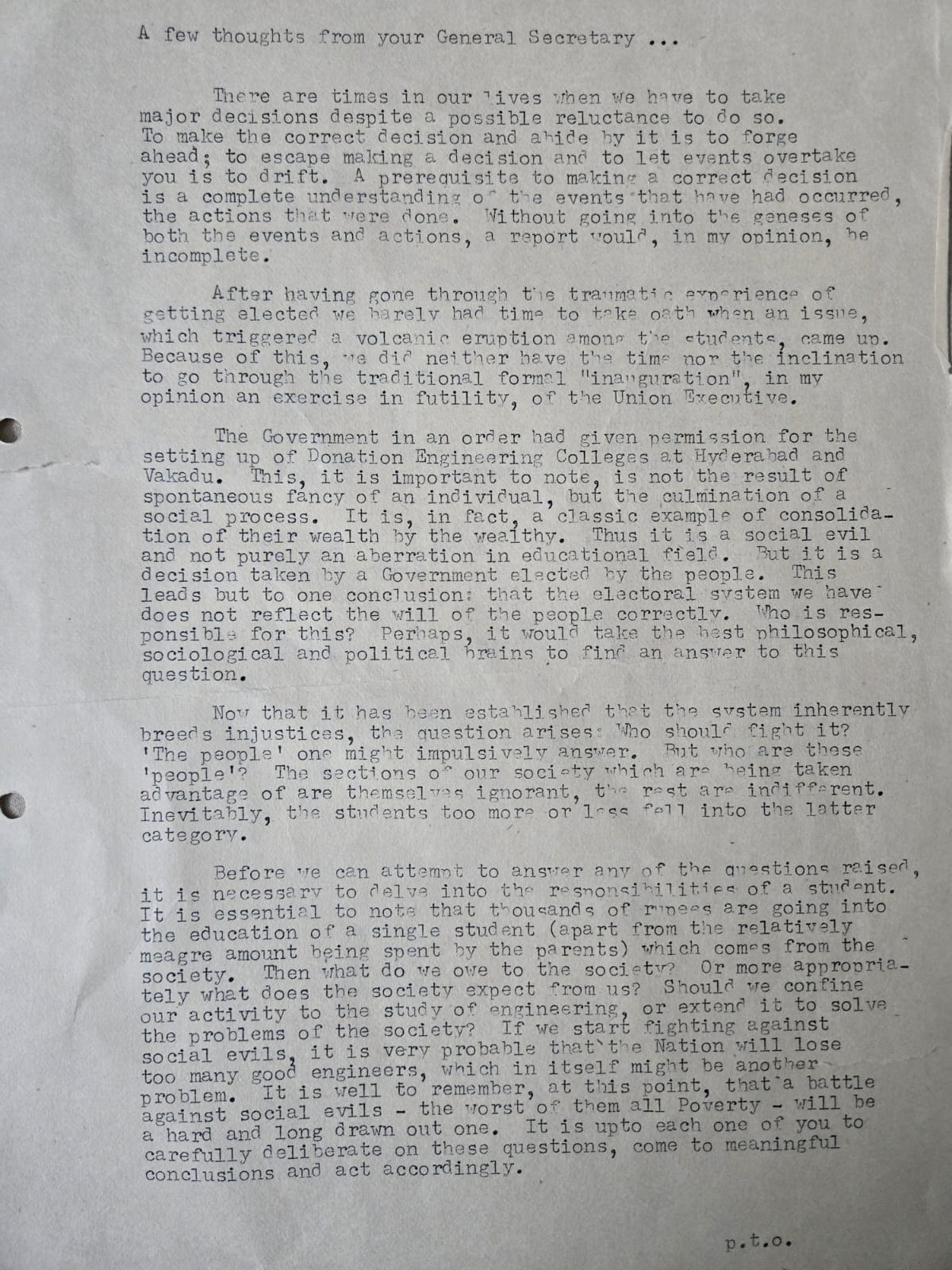 Original 1980 student-union speech — page one